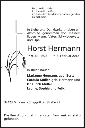 Anzeige von Horst Hermann von Mindener Tageblatt
