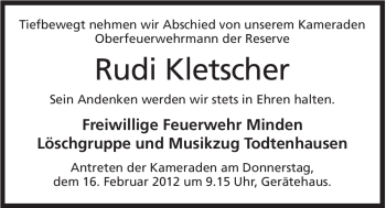 Anzeige von Rudi Kletscher von Mindener Tageblatt