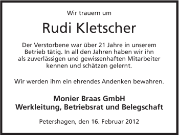 Anzeige von Rudi Kletscher von Mindener Tageblatt
