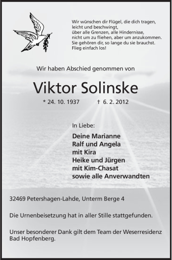 Anzeige von Viktor Solinske von Mindener Tageblatt