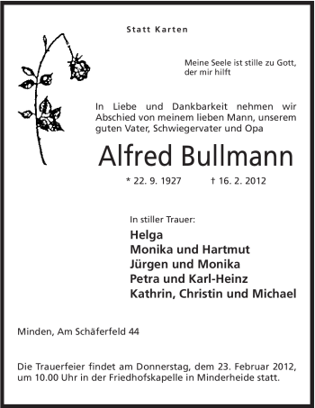 Anzeige von Alfred Bullmann von Mindener Tageblatt