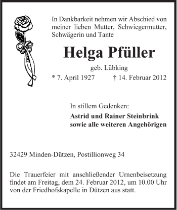 Anzeige von Helga Pfüller von Mindener Tageblatt