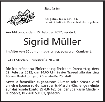 Anzeige von Sigrid Müller von Mindener Tageblatt