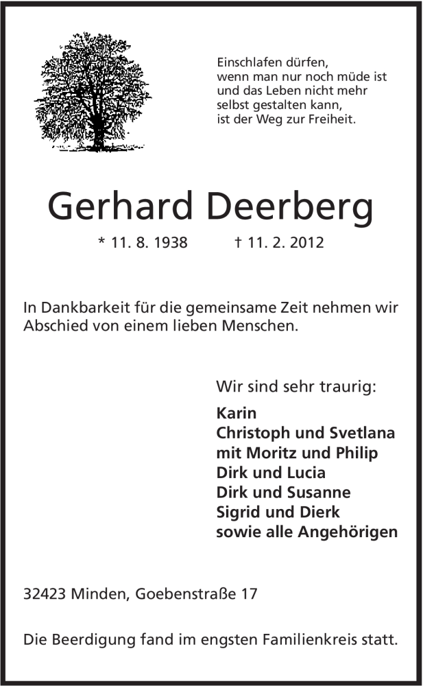  Traueranzeige für Gerhard Deerberg vom 18.02.2012 aus Mindener Tageblatt