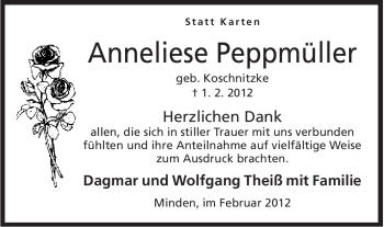 Anzeige von Anneliese Peppmüller von Mindener Tageblatt