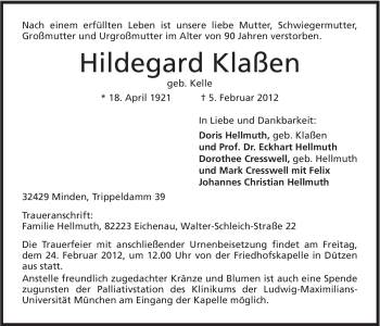 Anzeige von Hildegard Klaßen von Mindener Tageblatt