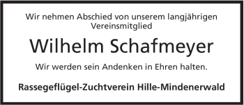 Anzeige von Wilhelm Schafmeyer von Mindener Tageblatt