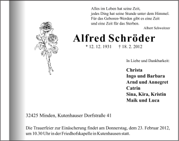 Anzeige von Alfred Schröder von Mindener Tageblatt