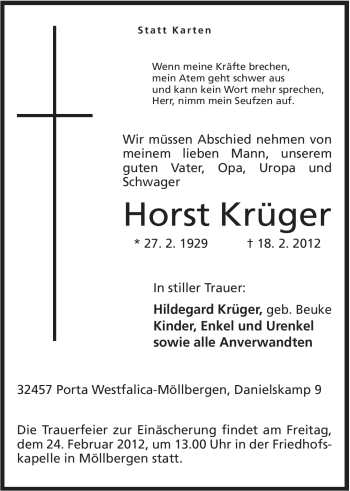 Anzeige von Horst Krüger von Mindener Tageblatt