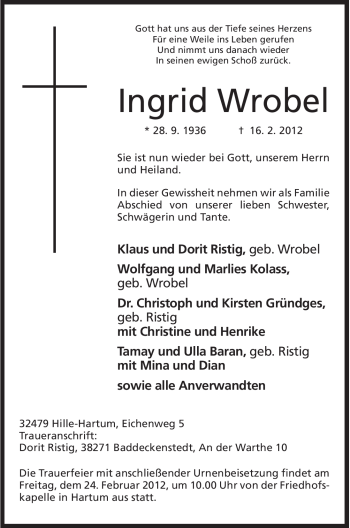 Anzeige von Ingrid Wrobel von Mindener Tageblatt