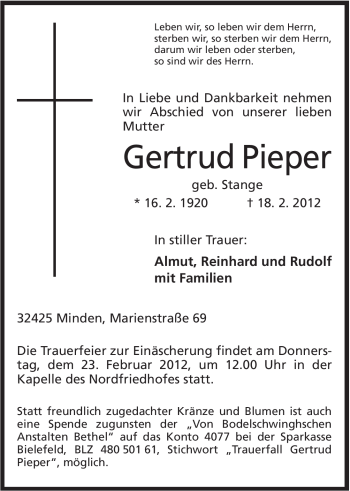 Anzeige von Gertrud Pieper von Mindener Tageblatt