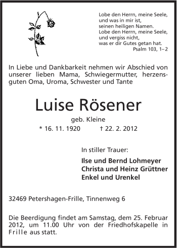 Anzeige von Luise Rösener von Mindener Tageblatt