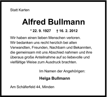 Anzeige von Alfred Bullmann von Mindener Tageblatt