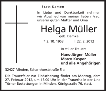 Anzeige von Helga Müller von Mindener Tageblatt