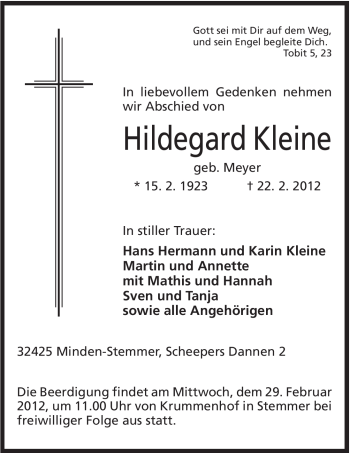 Anzeige von Hildegard Kleine von Mindener Tageblatt