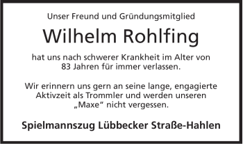 Anzeige von Wilhelm Rohlfing von Mindener Tageblatt