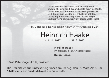 Anzeige von Heinrich Haake von Mindener Tageblatt