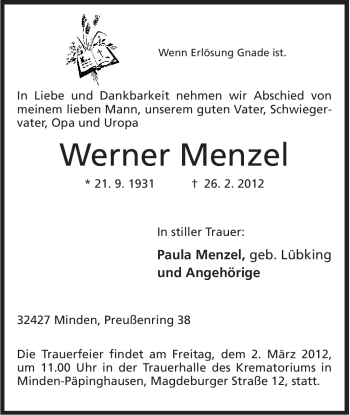 Anzeige von Werner Menzel von Mindener Tageblatt