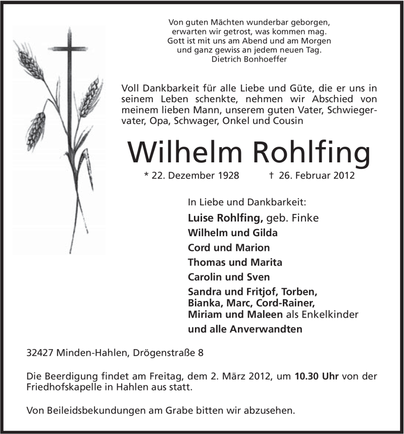  Traueranzeige für Wilhelm Rohlfing vom 28.02.2012 aus Mindener Tageblatt