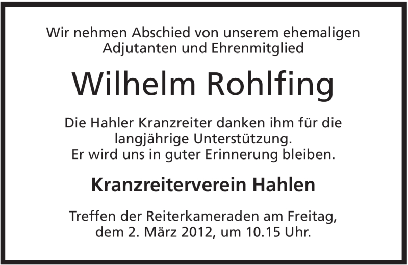  Traueranzeige für Wilhelm Rohlfing vom 28.02.2012 aus Mindener Tageblatt