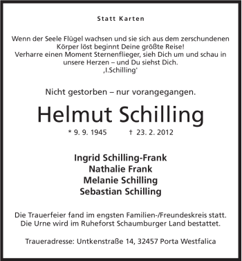 Anzeige von Helmut Schilling von Mindener Tageblatt