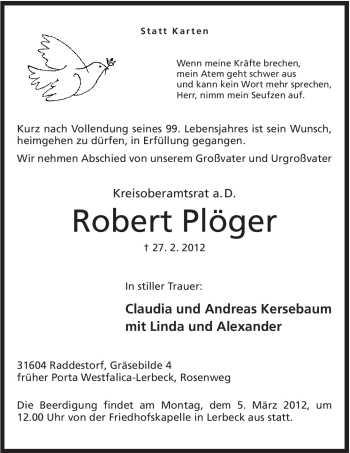 Anzeige von Robert Plöger von Mindener Tageblatt