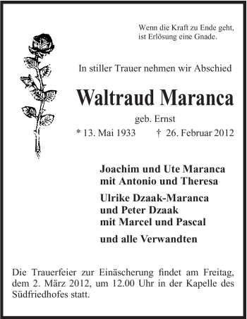 Anzeige von Waltraud Maranca von Mindener Tageblatt