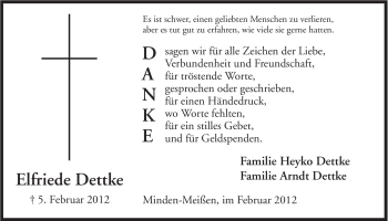 Anzeige von Elfriede Dettke von Mindener Tageblatt