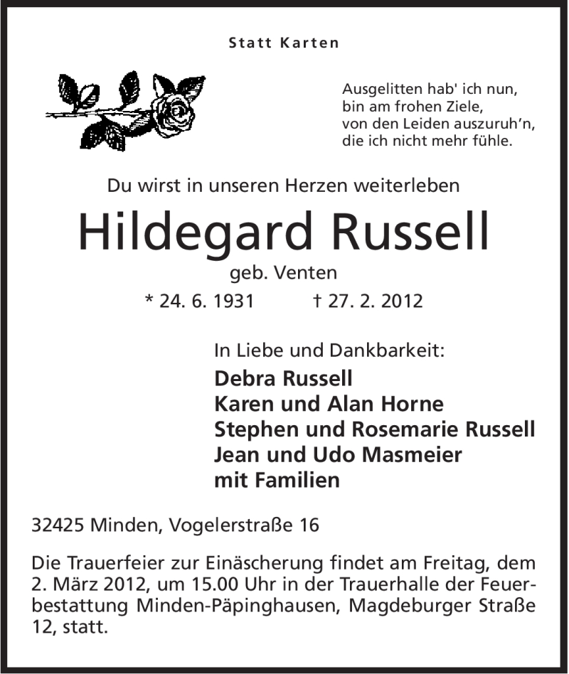  Traueranzeige für Hildegard Russell vom 29.02.2012 aus Mindener Tageblatt