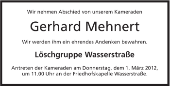 Anzeige von Gerhard Mehnert von Mindener Tageblatt