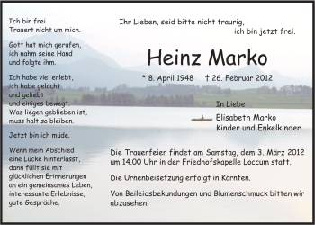 Anzeige von Heinz Marko von Mindener Tageblatt