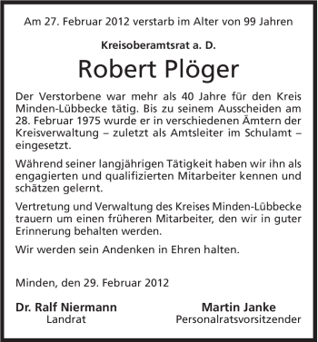 Anzeige von Robert Plöger von Mindener Tageblatt