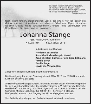 Anzeige von Johanna Stange von Mindener Tageblatt