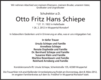 Anzeige von Otto Fritz Hans Schiepe von Mindener Tageblatt