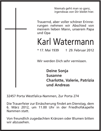 Anzeige von Karl Watermann von Mindener Tageblatt
