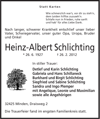 Anzeige von Heinz-Albert Schlichting von Mindener Tageblatt