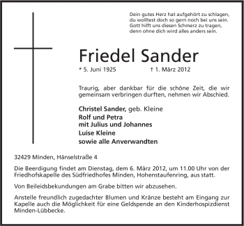 Anzeige von Friedel Sander von Mindener Tageblatt