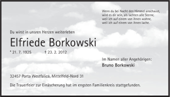 Anzeige von Elfriede Borkowski von Mindener Tageblatt