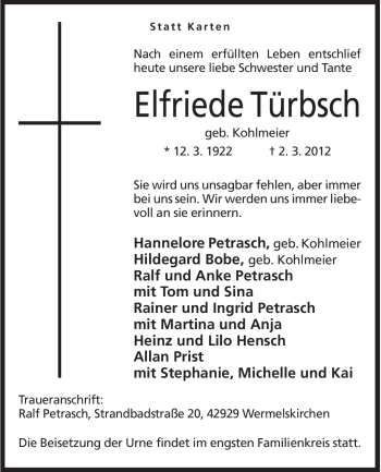 Anzeige von Elfriede Türbsch von Mindener Tageblatt