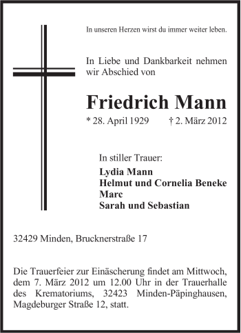Anzeige von Friedrich Mann von Mindener Tageblatt