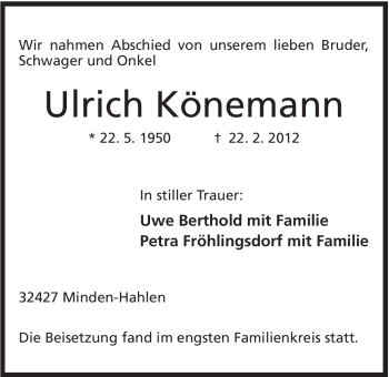 Anzeige von Ulrich Könemann von Mindener Tageblatt