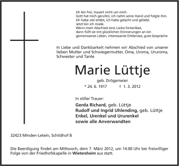 Anzeige von Marie Lüttje von Mindener Tageblatt