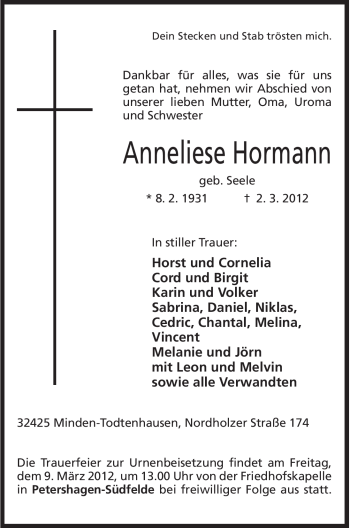 Anzeige von Anneliese Hormann von Mindener Tageblatt