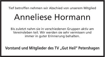 Anzeige von Anneliese Hormann von Mindener Tageblatt