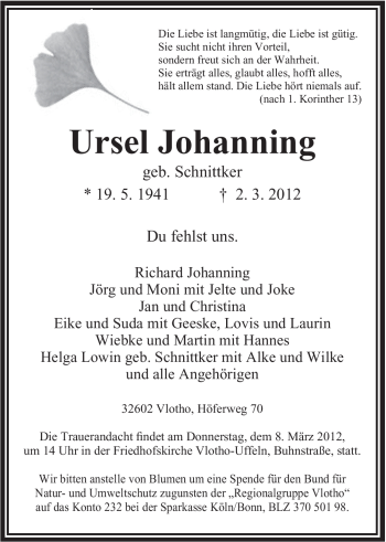 Anzeige von Ursel Johanning von Mindener Tageblatt