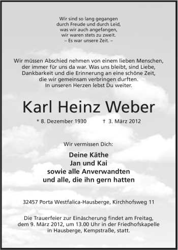 Anzeige von Karl Heinz Weber von Mindener Tageblatt
