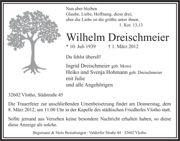 Anzeige von Wilhelm Dreischmeier von Mindener Tageblatt
