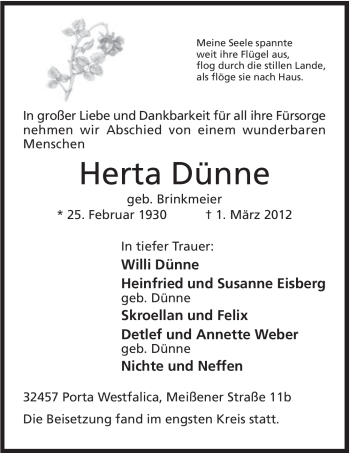 Anzeige von Herta Dünne von Mindener Tageblatt