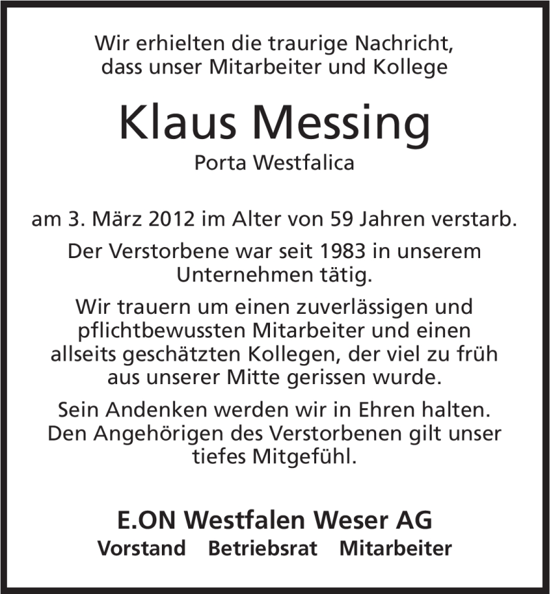 Traueranzeige für Klaus Messing vom 07.03.2012 aus Mindener Tageblatt