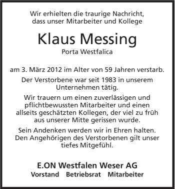 Anzeige von Klaus Messing von Mindener Tageblatt